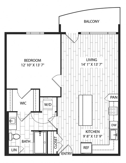 Floor plan for 1 bed, 1 bath, 765 sqft